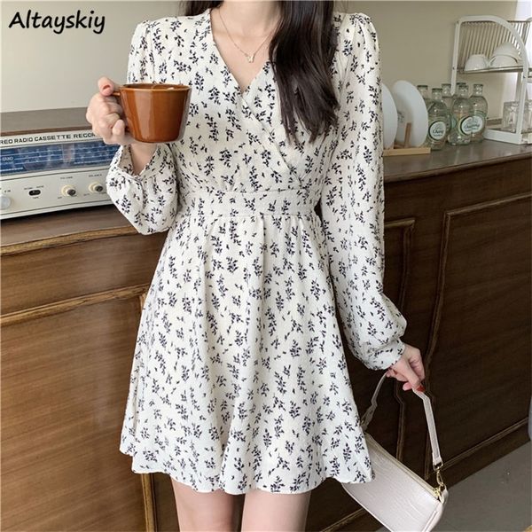 

casual dresses spring dress women print vneck feminine korean style elegant leisure college allmatch trendy ins soft design chic vestido 220, Black;gray
