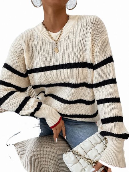 

women's sweaters striped pattern drop shoulder sweater u3o7#, White;black