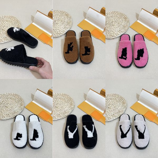 

winter coffee brown flower pattern women fur slippers house couples men designer fluffy slides autumn warm plush bedroom ladies cotton shoes, Black