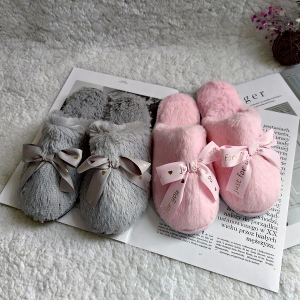 

new style bow tie lady's slippers fashion home plush winter non-slip shoes, Black