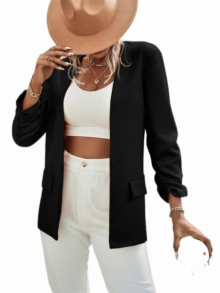 

women's two piece pants solid ruched sleeve blazer b4ai#, White