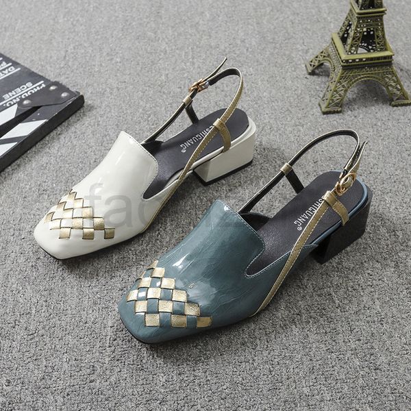 

sandals designer baotou sandals women's middle heels summer bright leather square head back empty thick fashionable and versatile shoes, Black