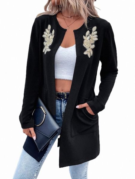 

women's down & parkas floral embroidery open front coat n3fg#, Black