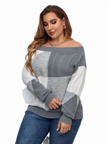 

plus size t-shirt plus colorblock off shoulder cable knit sweater t6qe#, Black