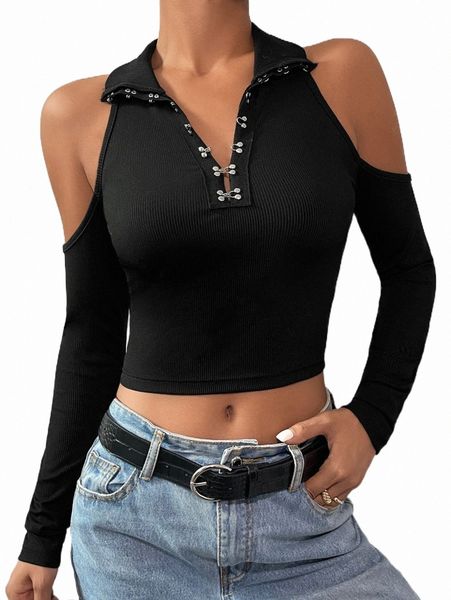 

women's t-shirt hook & eye cold shoulder crop tee q5mb#, White