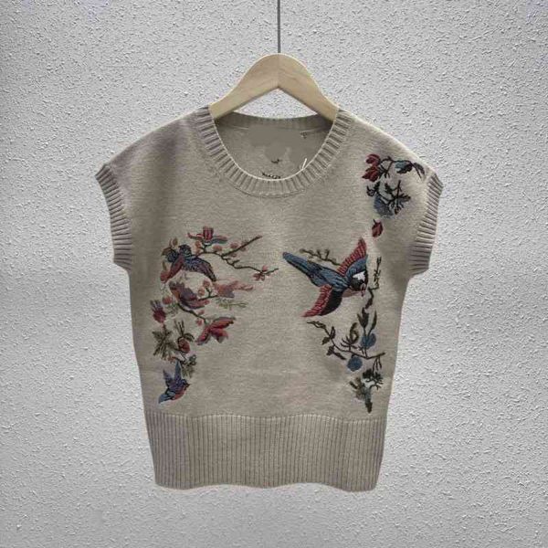 

women's knits tees d family summer fashionable sparrow peony flower thorn round neck knitted vest slim and elegant sleeveless top, White