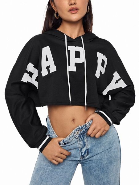

women's hoodies & sweatshirts letter graphic drop shoulder drawstring crop hoodie r8wa#, Black