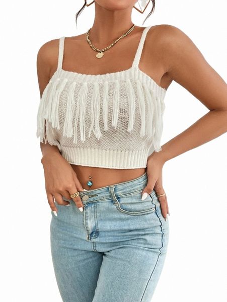 

women's sweaters tassel detail crop cami knit z7k8#, White;black