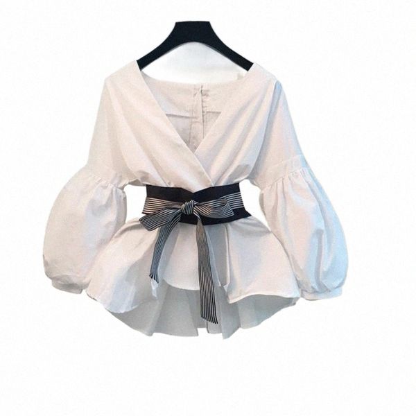 

women's blouses & shirts women's blouses & shirts women elegant cropped shirt v-neck design 3/4 puff sleeve chic waist belt back, White