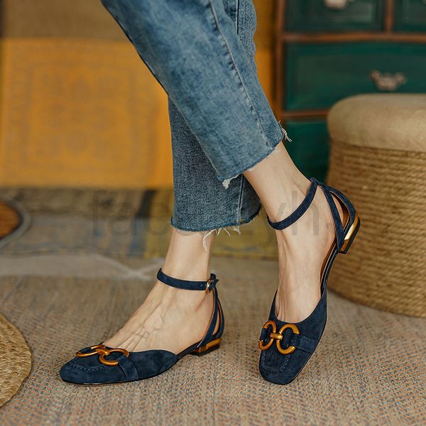

sandals designer french metal buckle baotou hollow sandals women's low heel summer square toe ring flat shoes, Black