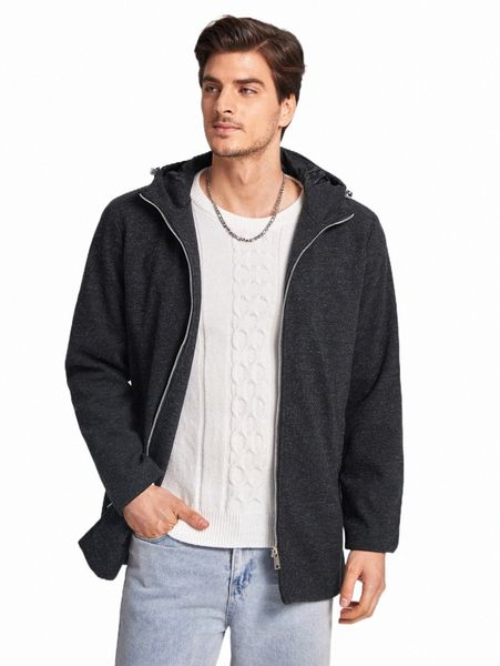 

men's down & parkas men space dye zip up drawstring hooded overcoat n8ey#, Black