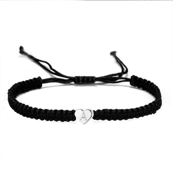 

silver peach heart 26 letter woven link rope lovers bracelet exquisite heart-shaped love braided bracelets, Black