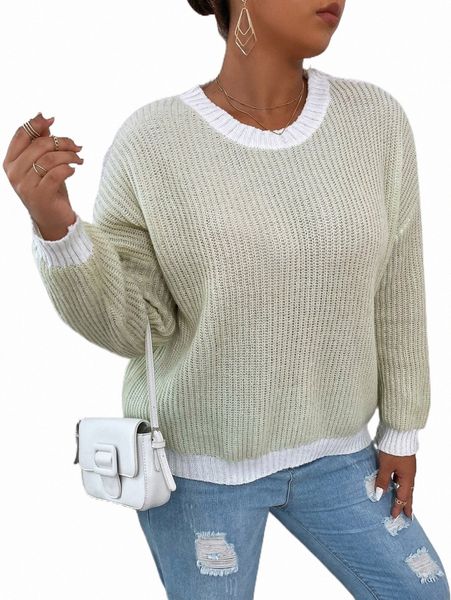 

plus size t-shirt plus contrast trim drop shoulder sweater 83rx#, Black