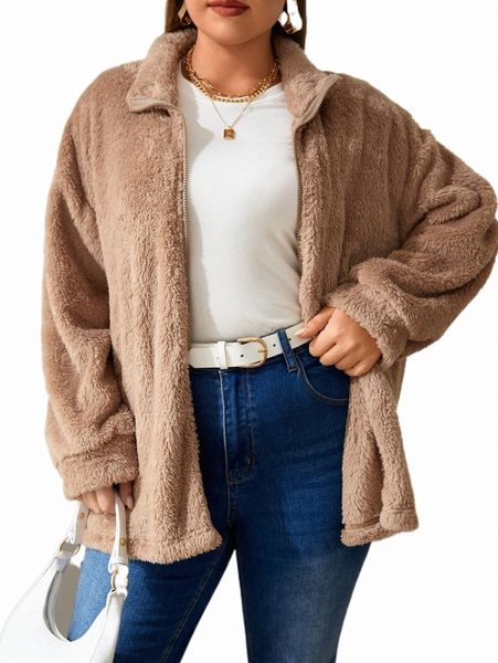 

plus size outerwear & coats plus drop shoulder open front flannel coat v31i#, Black