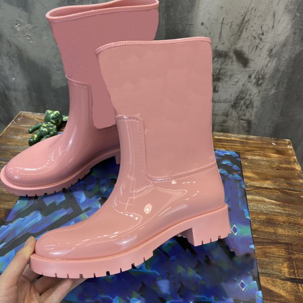 

drops flat half boot designer women rubber waterproof mid boots embossed fashion floral rain booties quality size 35-41, Black