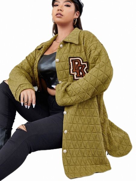 

plus size outerwear & coats plus letter patched drop shoulder coat i9ir#, Black