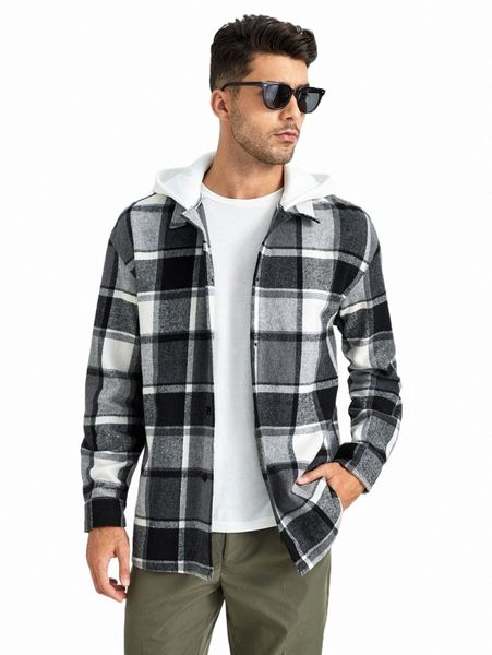 

men's down & parkas men plaid pattern drop shoulder hooded tweed overcoat i5yx#, Black