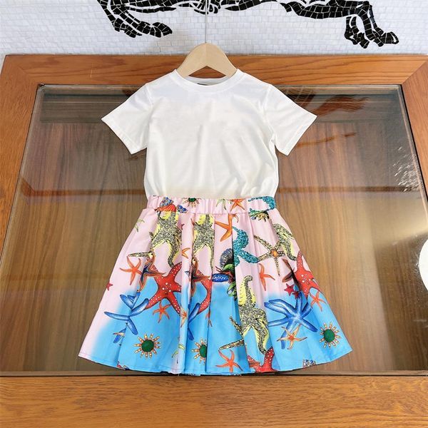 

2022 new kids sets high-end children wear summer new girls suit skirts children's western style ocean digital printing t pleated 214g, White