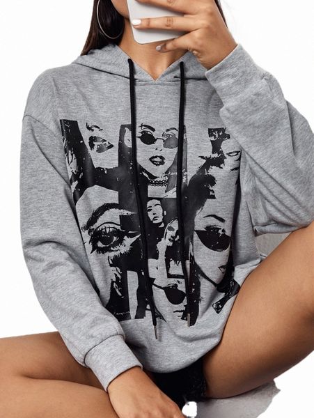 

women's hoodies & sweatshirts figure graphic drop shoulder drawstring hoodie 122q#, Black