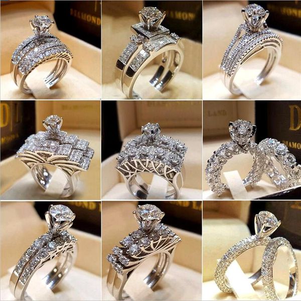 

30pcs lot mixed crystal white round ring set brand luxury promise silver engagement ring vintage bridal wedding rings for woman282l, Slivery;golden