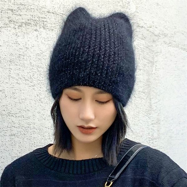 

beanieskull caps simple girl angora rabbit fur ear beanie hat for women winter warm wool panama fashion gorros female bomber cap 220829, Blue;gray