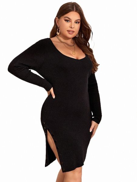 

plus size t-shirt plus button side ribbed knit sweater dress o3wa#, Black