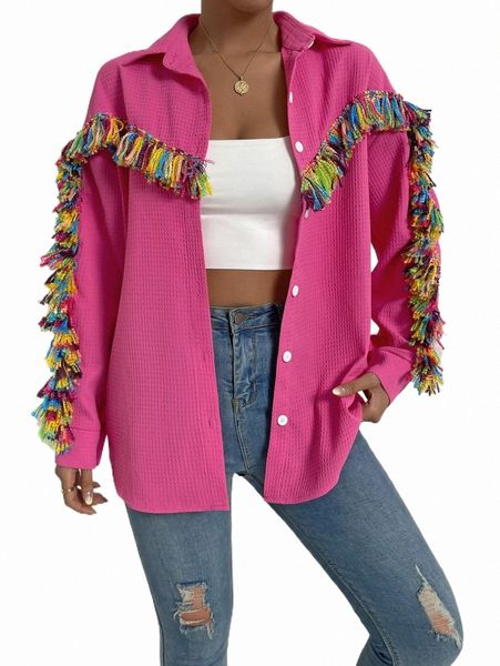 

women's down & parkas fringe trim drop shoulder coat 58k3#, Black