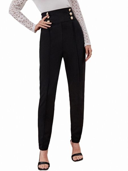 

women's pants & capris button detail solid pants w07i#, Black;white