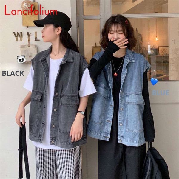 

women's vests bf blue denim vest women vintage 8size korean big pocket black jean vest kpop sleeveless cardigan tank vest jacket coat 2, Black;white