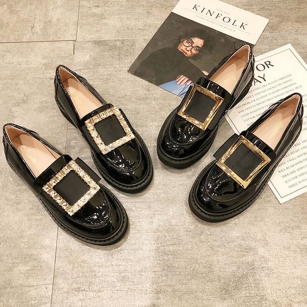

dress shoes designer patent leather rhinestone square buckle small shoes women's autumn winter british style round head flat bottom laz, Black