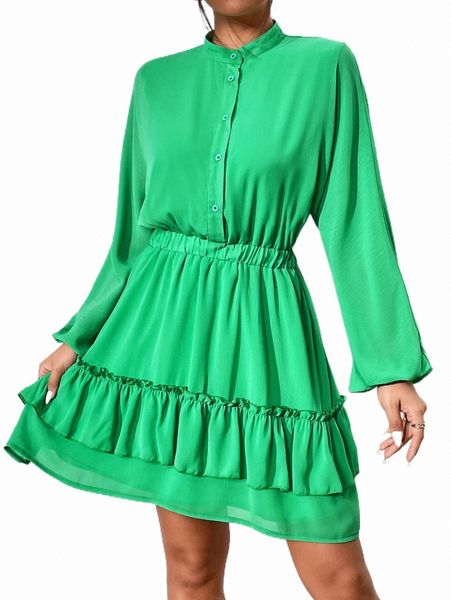 

casual dresses half button bishop sleeve layered hem dress l0ji#, Black;gray