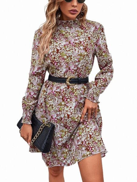 

casual dresses ditsy floral print mock neck dress without belt v6c8#, Black;gray