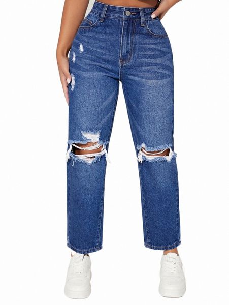 

women's jeans petite high waist ripped mom fit jeans n0rs#, Blue
