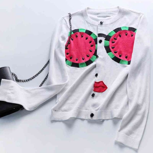 

women's knits tees a o autumn and winter watermelon lip embroidered round neck wool knitted cardigan with aging temperament fresh fit c, White