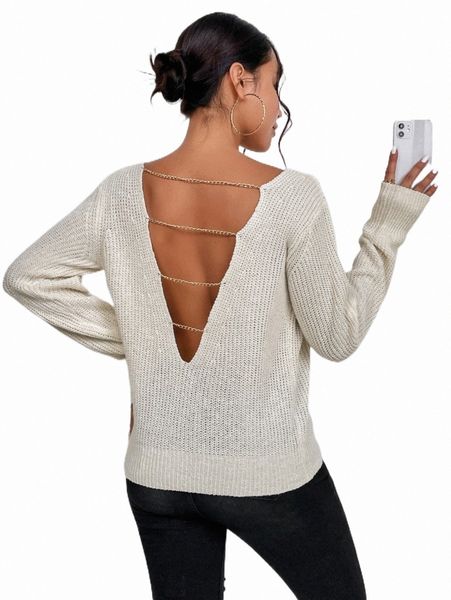 

women's sweaters chain linked cut out back v-neck sweater b79b#, White;black