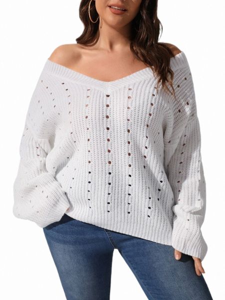 

plus size t-shirt plus pointelle knit v-neck drop shoulder sweater u8ob#, Black