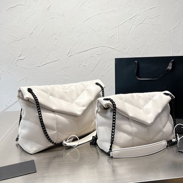 

27cm/33cm womens puffer quilted white bags classic flap envelope messenger purse soft lambskin leather cloud poch black chain crossbody shou