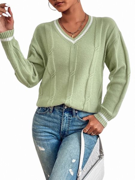 

women's sweaters striped trim cable knit drop shoulder cricket sweater g3ne#, White;black