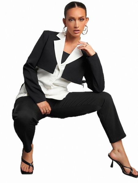 

women's two piece pants color block single breasted blazer n2ou#, White