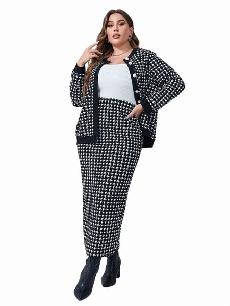 

plus size dresses plus houndstooth print jacket & skirt without belt b3cx#, Black