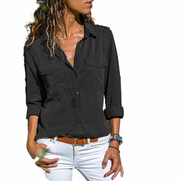 

women's blouses & shirts women's blouses & shirts spring summer casual blouse women and shirt long sleeve button pocket black soli, White