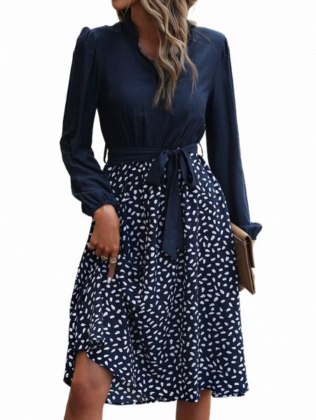 

casual dresses dalmatian print puff sleeve belted dress 93zc#, Black;gray