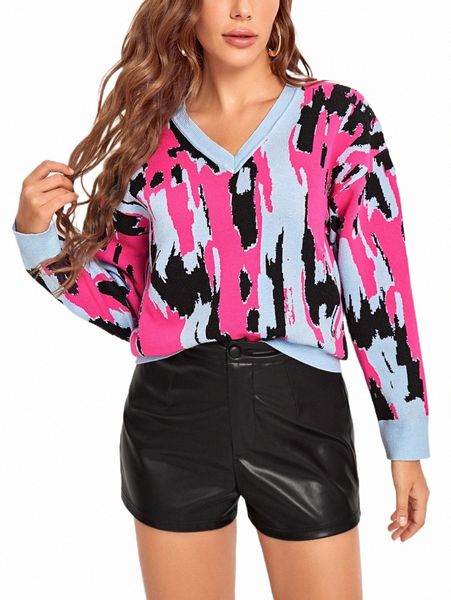 

women's sweaters color block drop shoulder sweater e8dt#, White;black