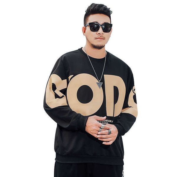 

hoodies for men large size sweater men's trendy letter printing round neck pullover leisure sports long sleeve top, Black