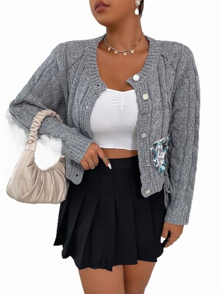 

plus size t-shirt plus heart patched knot side cable knit cardigan f7rb#, Black