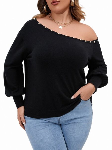 

plus size t-shirt plus pearls beaded asymmetrical neck sweater f2db#, Black