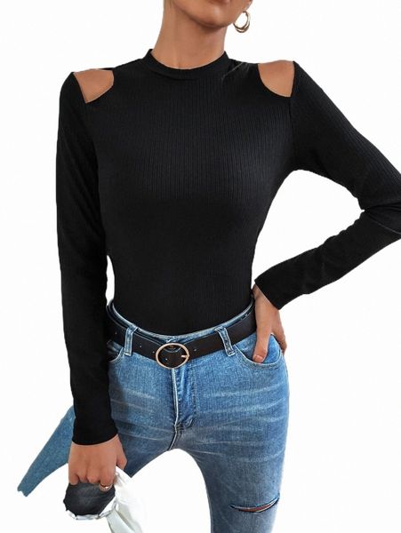 

women's t-shirt solid cut out shoulder tee 2022 new z96r#, White