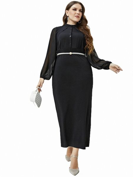 

plus size dresses plus mesh panel lantern sleeve dress without belt i0oi#, Black
