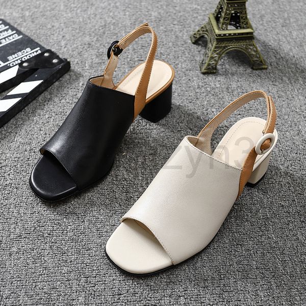 

sandals designer women's shoes in summer thick heel middle fish mouth open toe and empty back roman sandals, Black
