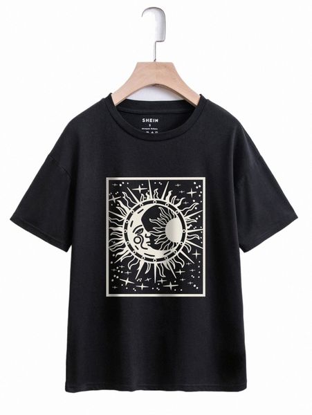 

women's t-shirt sun & moon print drop shoulder tee v92t#, White